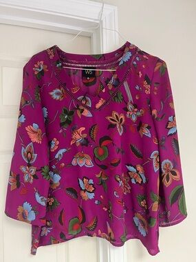 W5 Fuchsia Floral V-Neck Peasant Blouse